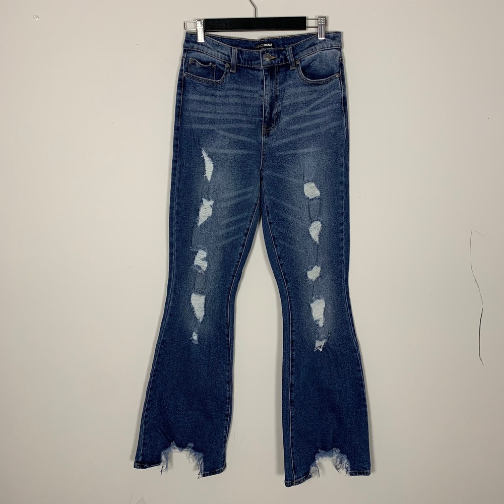 Fashion Nova Flare Jeans Womens 7/28 Blue Dark Wash Distressed High Rise Edgy